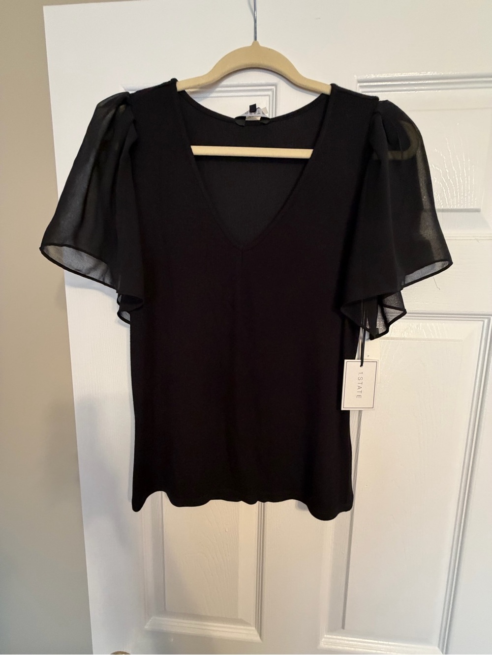 1. State Black V-Neck Top with Sheer Flutter Sleeves